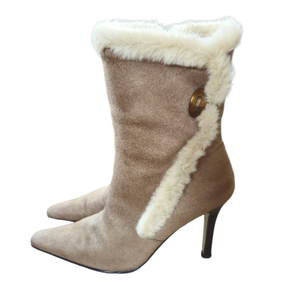 Tan Suede And Faux Fur Pointed Toe Stiletto Boots Women's 7.5